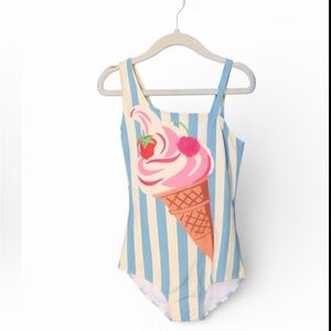 Mini Boden Striped Ice Cream Swimsuit - Blue and Pink
